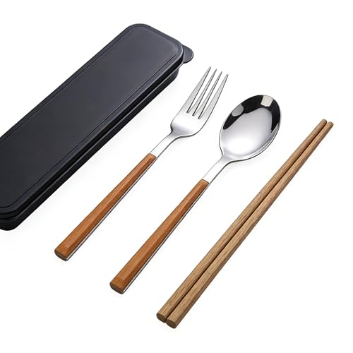 Ensemble de baguettes et cuillères, ensemble de vaisselle portable, un bâton par personne, panier de rangement avec fourchette, pièce unique, couverts en bois, ensemble de trois baguettes