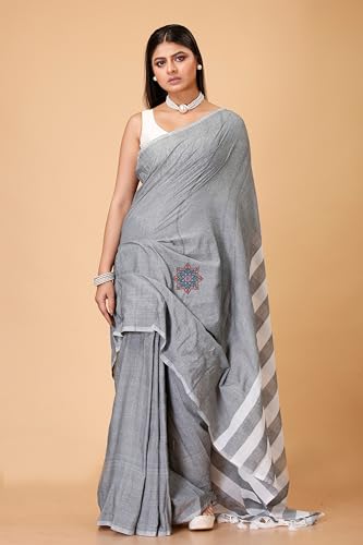 Image of OISHANI SAREE GHOR Women's Bengal Premium Cotton Saree with Blouse Piece | Traditional White Striped Pallu Pattern | Soft Lightweight Ethnic Saree for Daily Ware