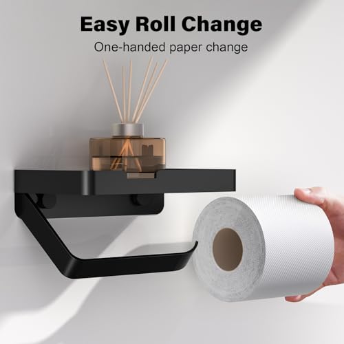 Euqvunn Portarrollos de Papel Higiénico con Estante, Soporte Papel Higiénico de Pared con Tornillos Autoadhesivos Sin Perforación, Adhesivo y Fijación con Tornillos, Accesorio para Baño, Negro Mate - imagen 7