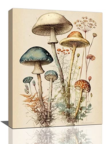 Vintage Mushroom Botanical Wall Art Mushroom Kitchen Decor Canvas Prints Painting Rustic Country Fungus Pictures Framed Artwork Office Home Decoration for Dining Living Room Bedroom Bathroom 12"x16"