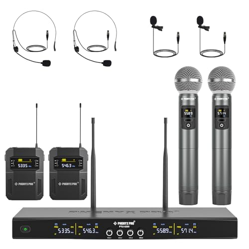 Phenyx Pro Wireless Microphone System, 4-Channel Wireless Mic Set with Handheld/Bodypack/Headset/Lapel Mics, Cordless Microphone for Singing, Karaoke, Church (PTU-5200-2H2B)