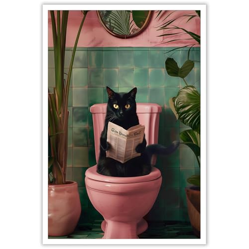 Funny Bathroom Black Cat Wall Art Cute Pets Cat Reading Newspaper On The Toilet Aesthetic Canvas Posters Animals Plants Trendy Prints Painting For Living Room Bedroom Bathroom 8x10in Unframed