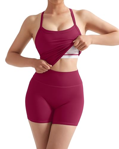 Image of SUUKSESS Women 2 Piece Workout Sets High Waisted Tummy Control Biker Shorts Halter Padded Tank Tops