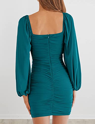 Image of MEROKEETY Women Square Neck Lantern Long Sleeve Mesh Ruched Bodycon Clubwear Mini Dress