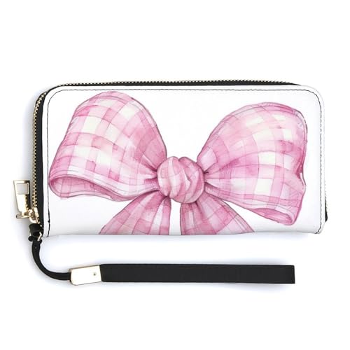 Watercolor Pastel Pink Gingham Ribbon Bow PU Leather Clutch Long Bifold Wallet, Coin Purse Credit Pass Case, Durable Card-Holder Money Storage for Women Men