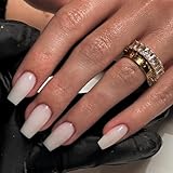 KQueenest White Press on Nails Long Medium Square, Milky White Fake Nails Medium Coffin, Glossy Sheer Color Acrylic Nails Press ons, Reusable Soft Gel Glue on Nails for Women DIY Manicure