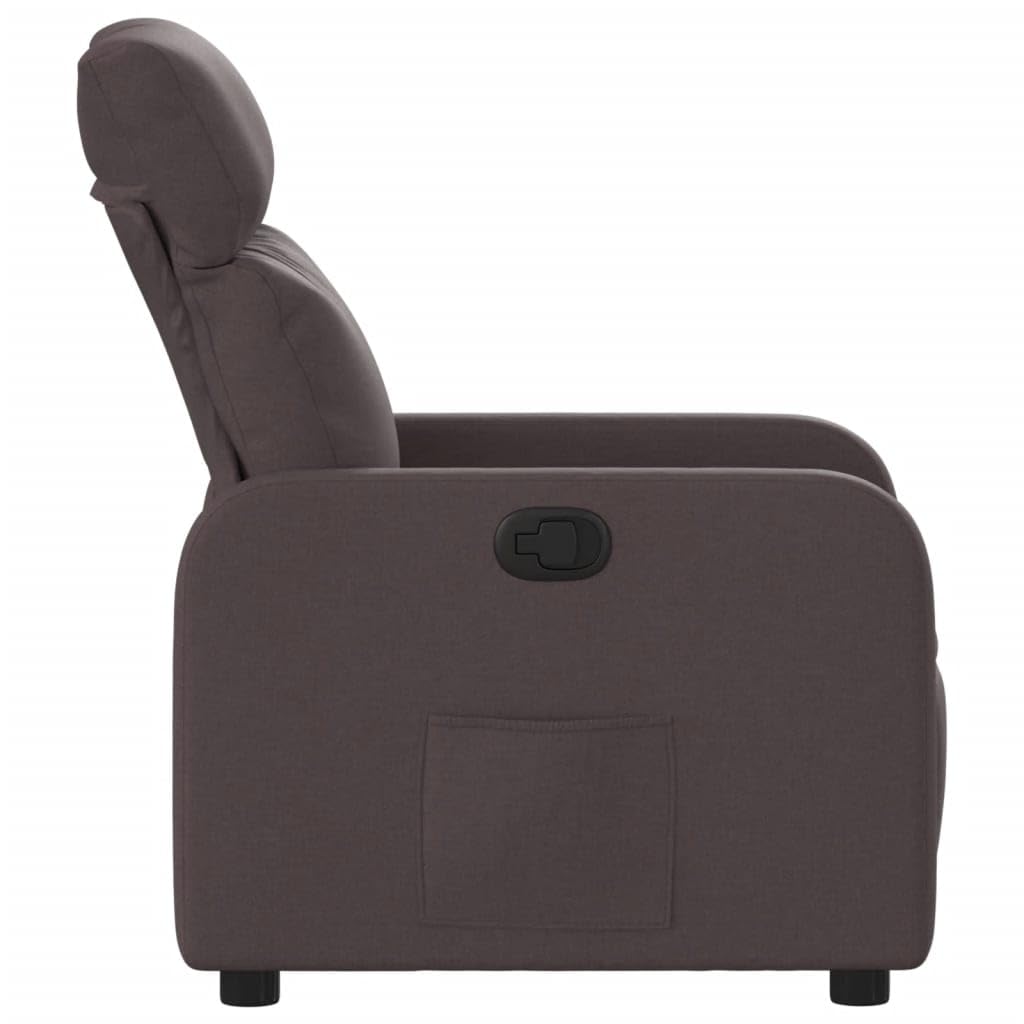 Fotel relaksacyjny, ciemnobrązowy materiał z ręczną funkcją leżenia, regulowane oparcie i podłokietniki, drewniana metalowa rama, ergonomiczny fotel do salonu i kącika do czytania