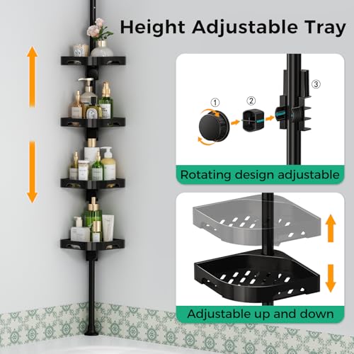 Image of shuang qing 4-Tier Corner Shower Caddy Tension Pole Organizer (Black) | 4-Tier rotating shelves with hooks, adjustable tray height, upgraded rustproof metal pole, removable trays for shower storage