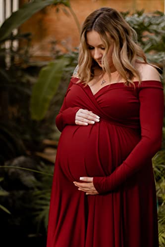 Saslax Maternity Off Shoulders Long Sleeve Half Circle Gown For Baby Shower Photo Props Dress Burgundy 162 Small #TOP1