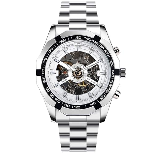⌚ 【Orologi da uomo scheletro】: quadrante scheletro a doppia faccia dal design creativo, struttura in metallo liscio, ti offre un'esperienza straordinaria. Puoi vedere come funziona il movimento attraverso la cassa dell'orologio cava e il coperchio inferiore in vetro trasparente.★ E con i puntatori luminosi fanno è facile dirti l'ora anche al buio.