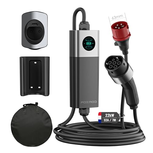 FOXMOD Electric Car Charger [22kW, Three Phase, 7m, 6-32A] Type 2 CEE Socket with EV Charger Stand Mobile / Wallbox Charging Station with Digital Display