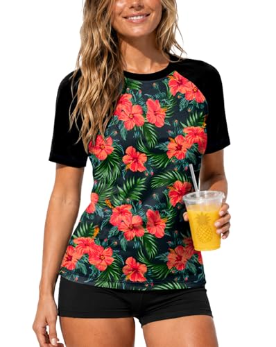 Image of AOBUTE Women Short Sleeve Rash Guard UPF 50+ Tropical Sun Protection Floral Swim Shirts