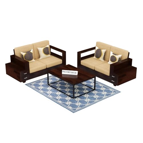 Image of KINGS HOME FURNITURE Sheesham Wood 4 Seater Sofa Set with 2 Drawer Storage | 2+2 Wooden Sofa Set Furniture for Living Room Home Office (2+2 Seater,Walnut)