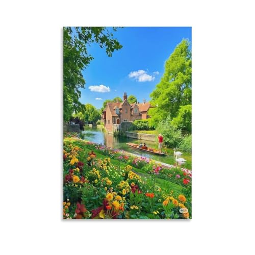 IEJKLUVWX Ville au bord d'une rivière en Angleterre Art Mural Jardin printanier Toile Impression HD Prêt À Accrocher Haute Définition Chambre À Coucher...
