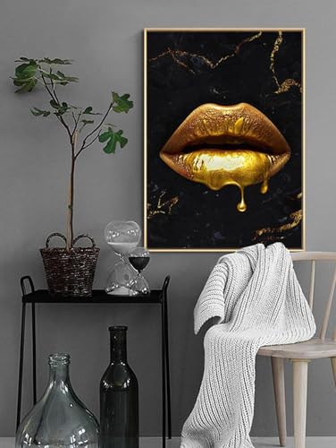 Impression sur toile abstraite lèvres dorées 60x90cm tableau noir et or chic salon - 3