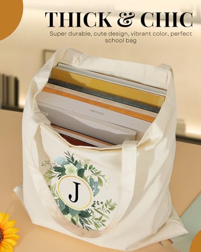 Image of AUSVKAI Canvas Tote Bag for Women, Cute Aesthetic Leaf Initial Trendy Cotton Reusable Personalized Birthday Bags