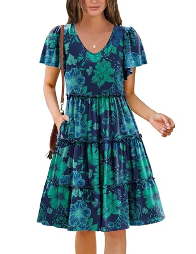 Image of Zeagoo Summer Tiered Mini Dress with Pockets Ruffle Sleeve V-Neck Casual Dress A Line Boho Flowy Sundress 2025 Vacation