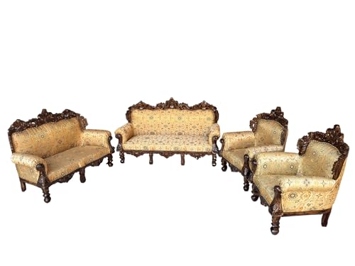 Image of Wooden 7 Seater Sofa Set | Solid Wood Hand-Carved Sofa 3+2+1+1 Traditional Carving Design Furniture for Living Room, Home, Office