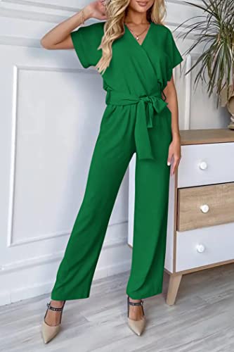 PRETTYGARDEN Women's Summer One Piece Jumpsuits Belted Short Sleeve Wrap V Neck Fashion Dressy Casual Wide Leg Pants Romper