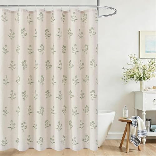 ORTIGIA Linen Shower Curtain Farmhouse Vintage Floral Shower Curtains Sage