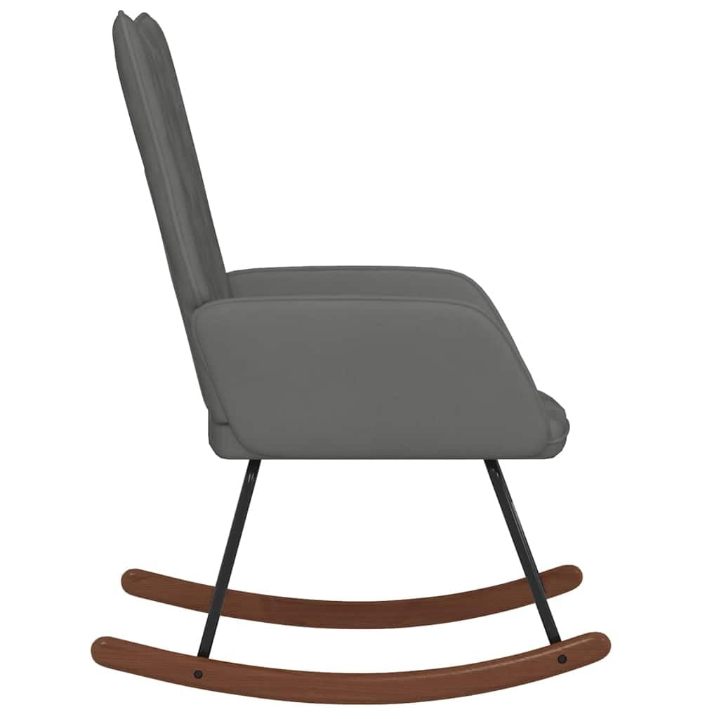 Ciemnoszare aksamitne krzesło bujane z drewnianymi płozami i stalową ramą do salonu, sypialni, na balkon, fotel relaksacyjny, ergonomiczny komfort, stabilna funkcja przechylania, trwałe