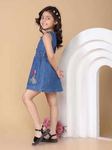 Image of superminis Girls Denim Solid Color Half Sleeves Dress with Embroidered Pocket (1 Dress)