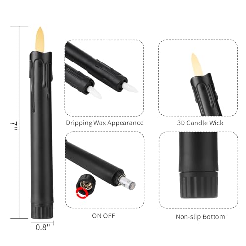 Image of YBU Flameless Taper Candles with Remote 7 Inches Led Candle Sticks with Flickering Light Timer Dimmer Battery Operated Window Candles for Halloween Christmas Decoration (Black)