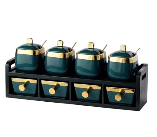 Juego de recipientes para condimentos, de cerámica, con soporte de madera, azucarero, tarro para condimentos con tapa y cuchara para la cocina del hogar, sal y pimienta, caja para condimentos y espec