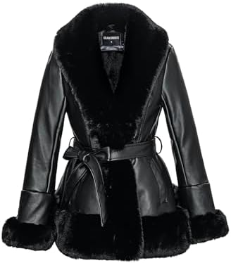 GRAN ORIENTE Women's Faux Leather Jacket with Faux Fur Collar, Winter Long Sleeve Furry Trim Peplum Parka Coat with Belt