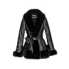 GRAN ORIENTE Women's Faux Leather Jacket with Faux Fur Collar, Winter Long Sleeve Furry Trim Peplum Parka Coat with Belt