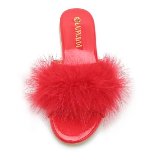 LIURUIJIA Women's Fluffy Feather Slippers Fur Slide Flat Sandals Cozy Slip On Stylish Summer Casual Party Indoor Outdoor Flats Shoes4