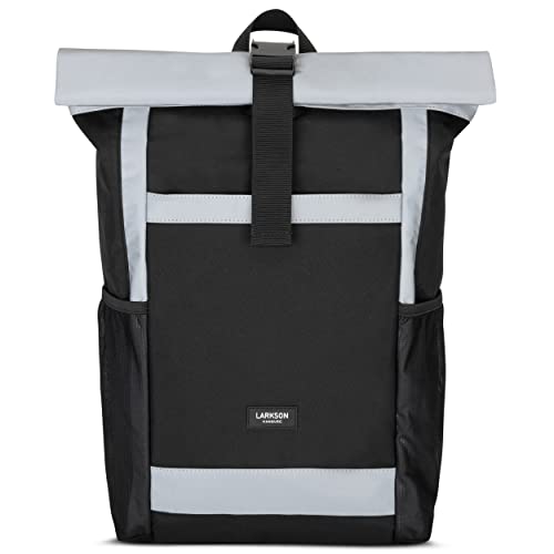 LARKSON Rolltop Rucksack Damen Groß Schwarz Reflektierend - No 2 - Daypack für Schule, Uni, Fahrrad - 16 Zoll Laptop Fach für Arbeit - Nachhaltig - Anti-Diebstahl - Wasserabweisend