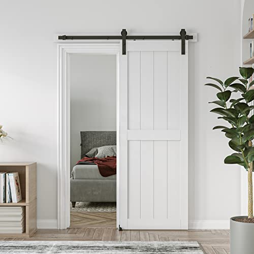 Coshomer 30In X 80In White Sliding Barn Door, Solid Wood Slab Inside Covered With Water-Proof Pvc Surface, Mdf, Easy Assembly, H-Frame #TOP1