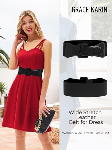 GRACE KARIN Women's Wide Stretch Belt - Elastic Thick Patent Leather Waist Belt for Dresses S-2XL3