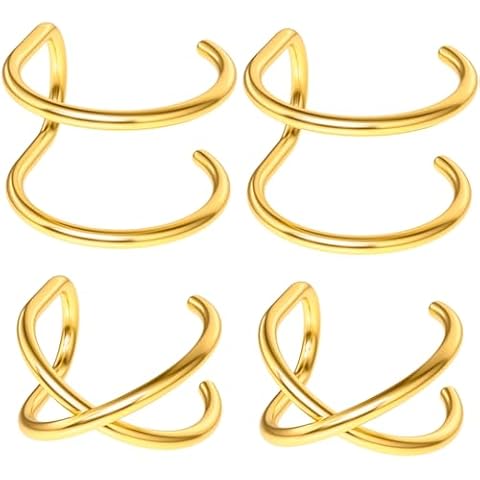 PAGOW 4x Fake Helix Ear Cuff Cartilage Earring No Piercing Earcuff, 925 Sterling Silver,14K Simple Criss Cross Double Lines Adjustable Minimalist Women Men Clip On adornment Gifts 2 styles (GOLD) Cover
