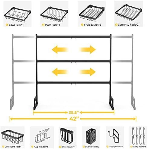 Shoe Rack, 3 Tier Over Sink Dish Drying Rack, Adjustable Length(35.5"-42") Sink Drying Rack Stainless Steel, Large Dish Rack Drainer for Kitchen Organizer Storage Space Saver with 8 Utility Hooks (black)