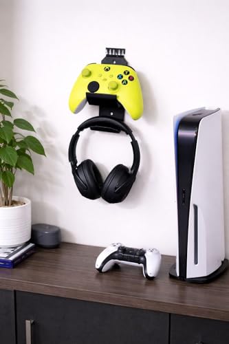 Image of Wall Mount Controller & Headset Holder (Black), Gaming Organizer with 3M Adhesive, No Drill Wall Mounted Stand for PS5 /PS4 /Xbox Controllers & Headphones (16 cm)