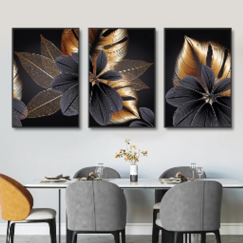 Toile feuille noir doré pour habiller un grand mur vide de salon avec ce triptyque chic LSYALUCK