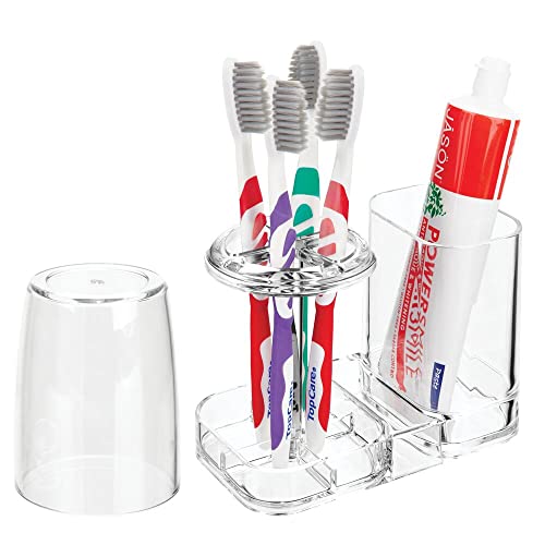 Mdesign Modern Plastic Bathroom Vanity Countertop Toothpaste & Toothbrush Holder Stand With Rinsing Cup/Cover - Dental Center Holds Electric Toothbrushes - Clear #TOP5