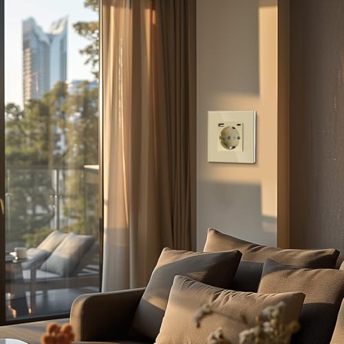 BSEED USB Steckdose Golden Schuko Steckdose mit USB Anschluss (Max. 2.1A) Typ C Port Unterputz Steckdose Glas Schutzkontakt-Steckdose Ladeger&auml;t f&uuml;r Handys, Laptops etc