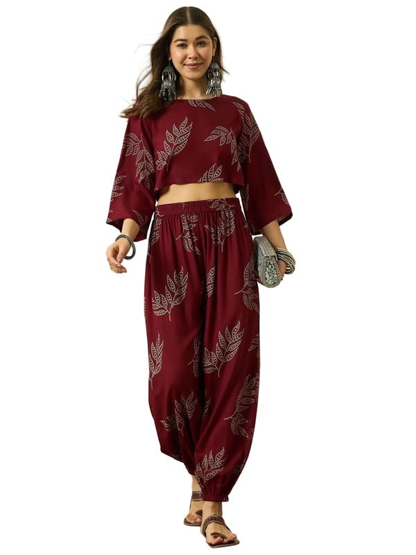 DARK MAROON LEAF TOP BALLON PANT SET-image-36