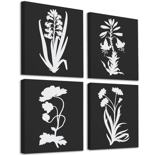 crmotu Black and White Wall Art Set of 4, Minimalist Botanical Prints Rustic Home Decor, Neutral Floral Vintage Canvas Painting, Nature Pictures Wall Decor Living Room Bathroom Kitchen, 12x16inch