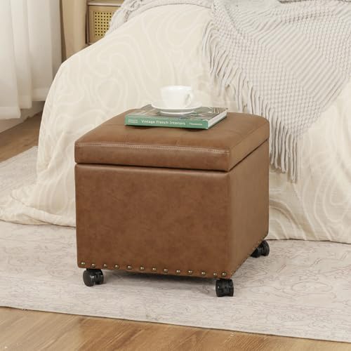 Adeco 16.7 H Vintage Golden Brown Leather Storage Ottoman with 360 Caster Wheels, Square Foot Stool with Decorative Bronze Thumb Tacks & 330 LB Load Capacity