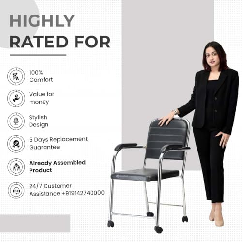 Image of Office Chair Visitor Chair with arm Rest with Steel Frame and Cushioned seat Back, Chair Without Wheels Holds up to 140 kg Heavy Design (1, Black, with Wheels)