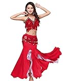 ORIDOOR Women's Belly Dance Dress Belly Dance Crop Top Bra Top and Belt Chiffon Dancing Skirts Costume 3-Piece Outfit Red