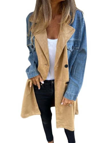 chouyatou Women's Notched Lapel Double Breasted Denim Spliced Faux Suede Leather Long Trench Coat Jacket Outerwear