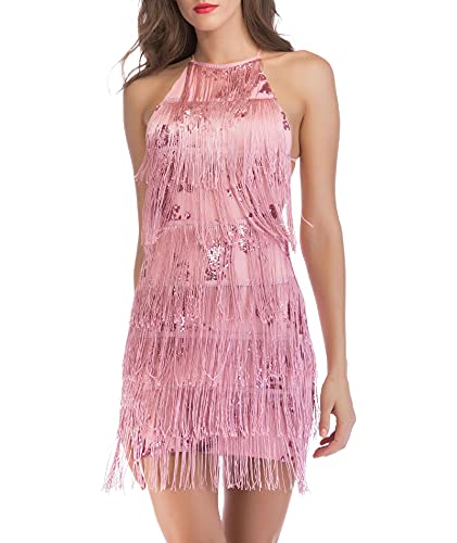 HAHAEMMA Vestido de mujer de los años 20, con flecos, con cuello halter, gran Gatsby, cóctel, fiesta, disfraz, flapper, carnaval, Rosa., M