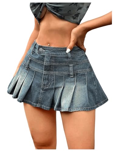 Floerns Women's Pleated Hem Denim Skirts High Waisted Y2k Jean Skater Skirts