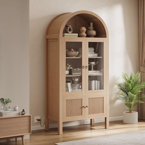 DWVO 71" Arched Cabinet Bookshelf Bookcase with LED Light/Wood Display Cabinet Cabinets with Tempered Glass Doors and Adjustable Shelves/Kitchen Pantry with Storage for Living Room,Dining Room-Natrual