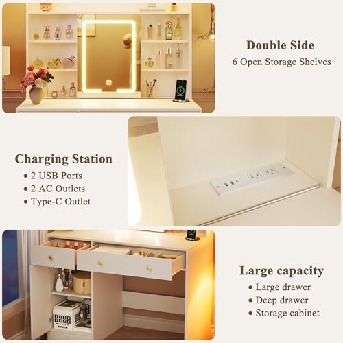 Image of HUAHUU 37.4 inch Vanity Desk with Mirror and Lights, Makeup Vanity with LED Sliding Mirror, 3-Color Lights, USB /Type-C Charging, White Vanity Desk with Storage Cabinet, 2 Drawers & 6 Shelves for Bedroom